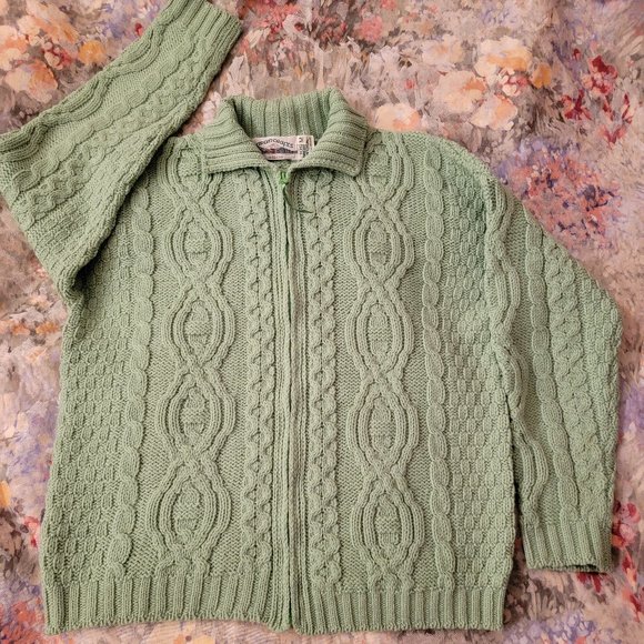 ARAN CRAFTS Ireland Merino Wool Green Cardigan, Size M-L - Picture 5 of 16